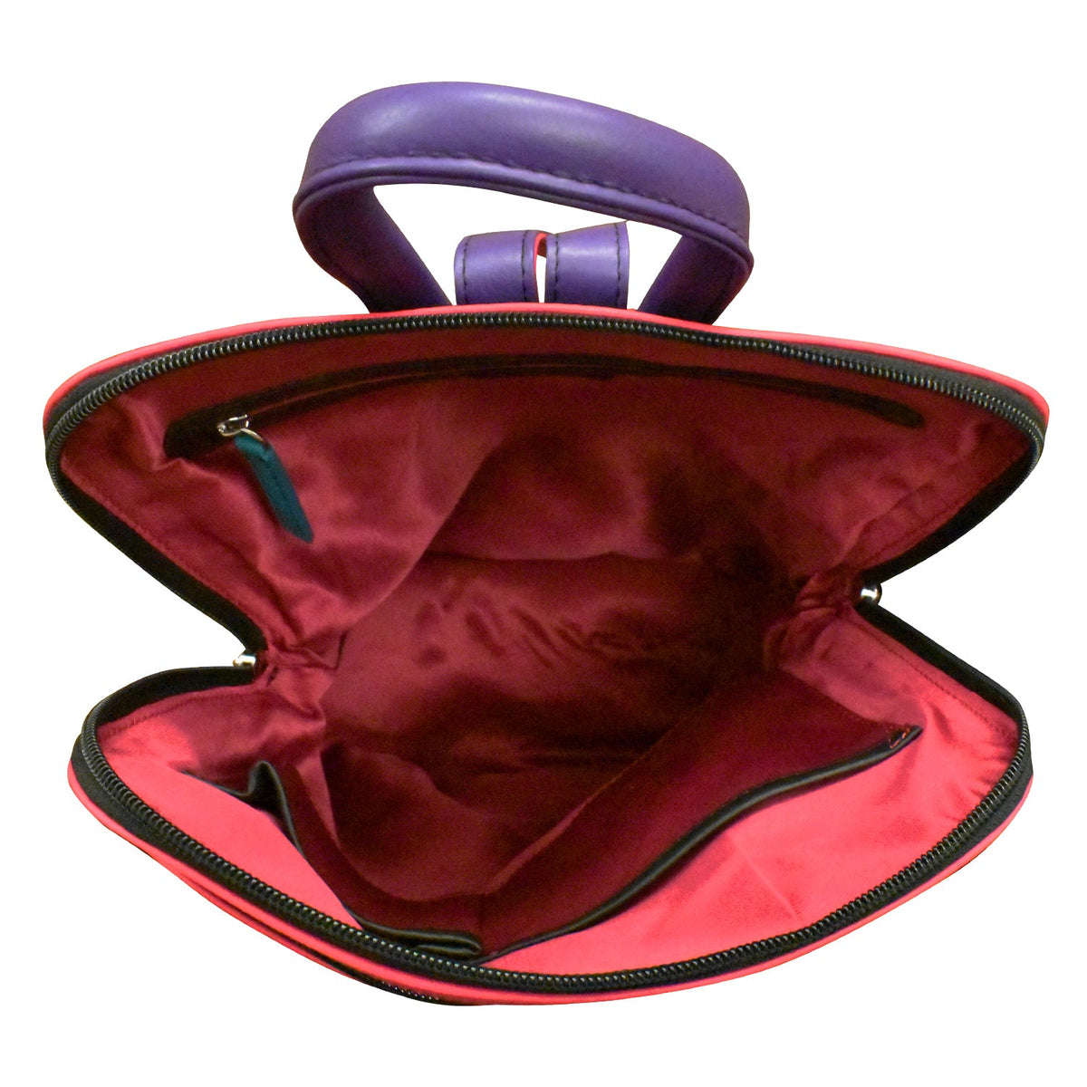 Open red bag with purple handle on a white background