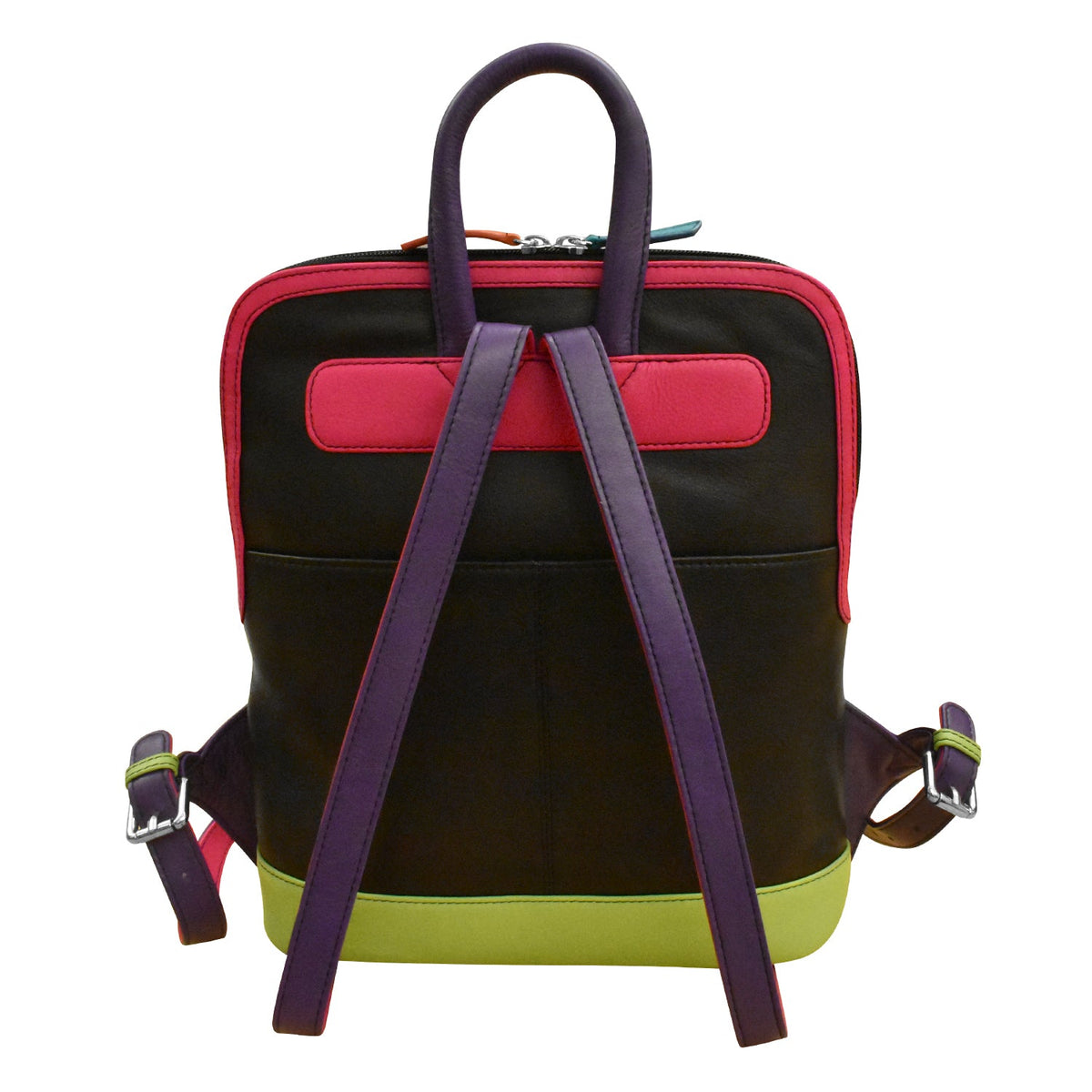 Multicolored backpack with purple straps on a white background