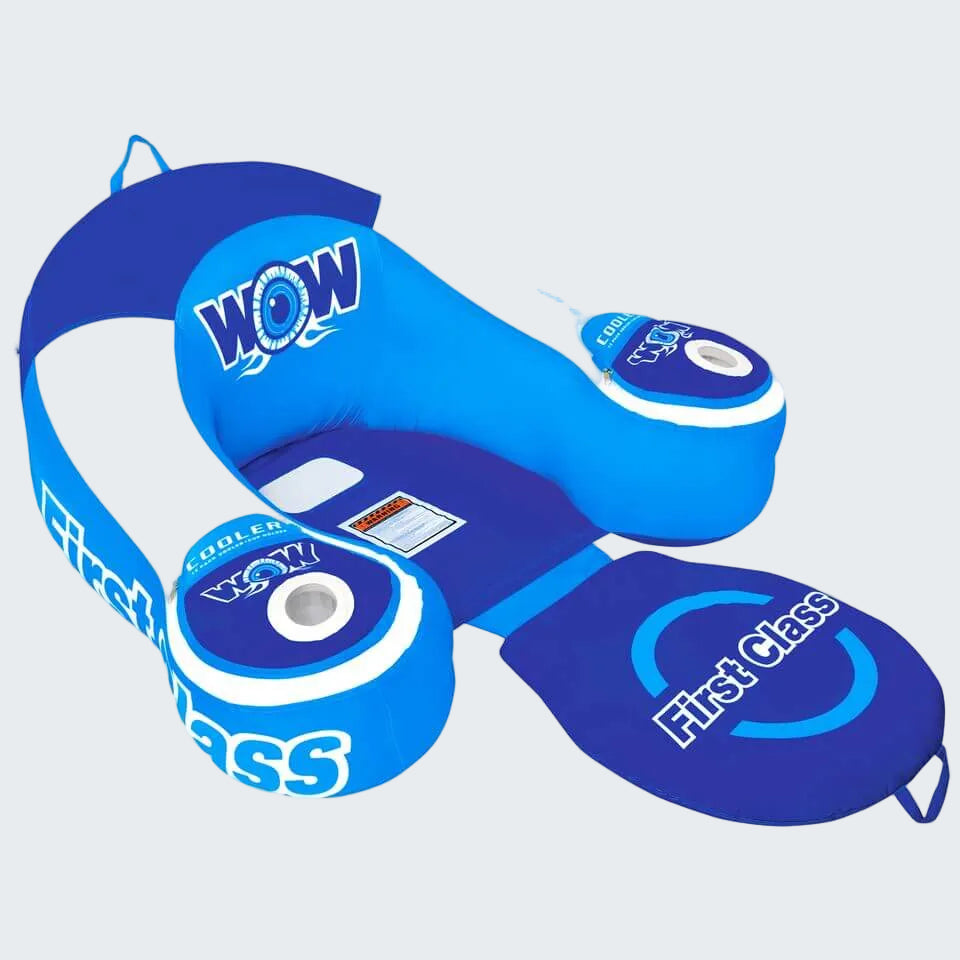 Blue inflatable seat with 'WOW' branding on a white background