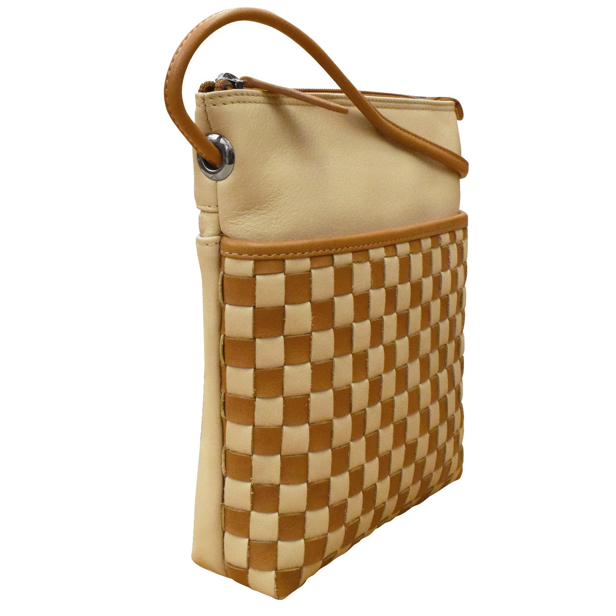 Beige and brown checkered handbag with a strap on a white background
