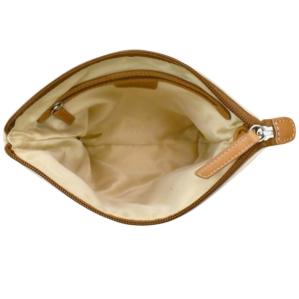 Open brown leather pouch with beige interior on a white background