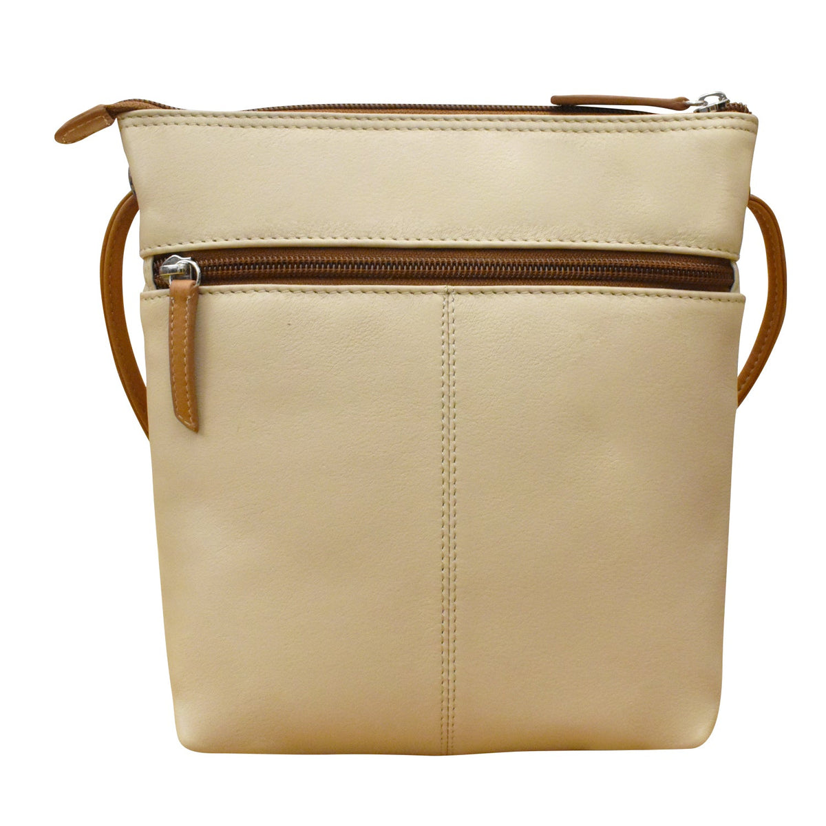 Beige handbag with brown zipper and straps on a white background