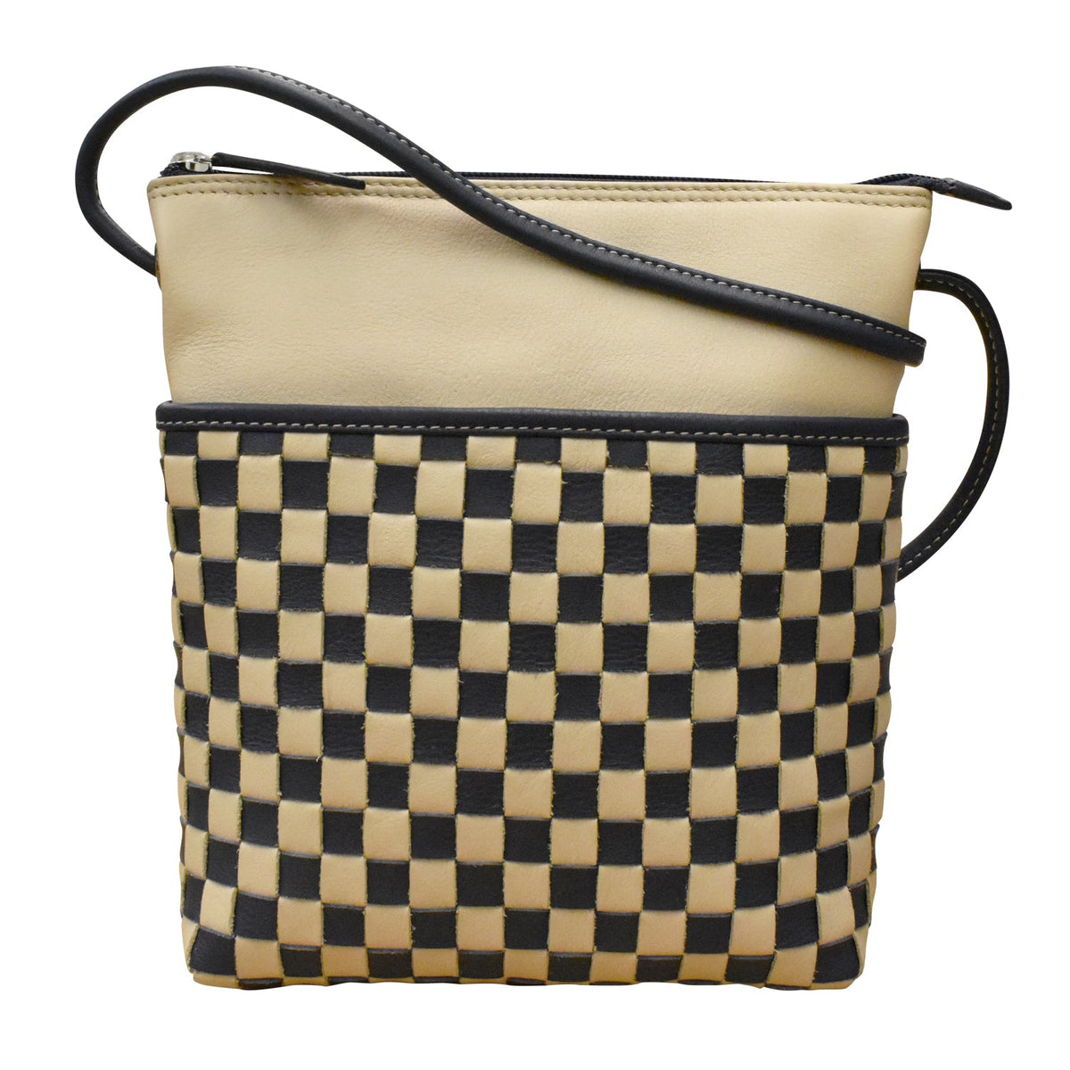 Beige and black checkered handbag with a plain background