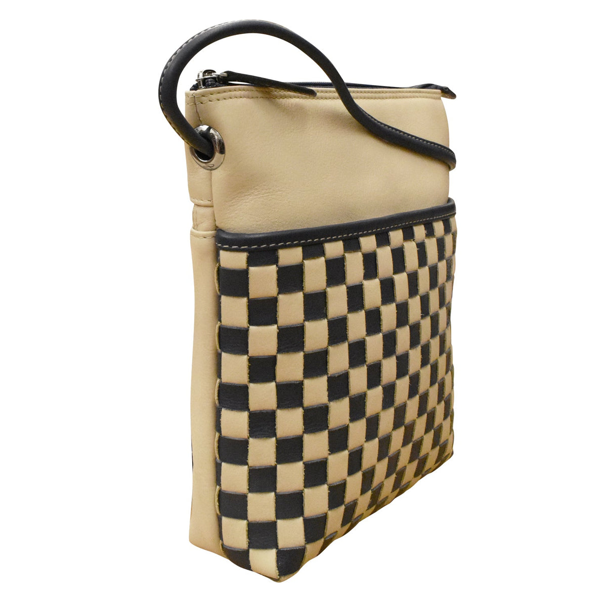Beige and black checkered pouch with a handle on a white background