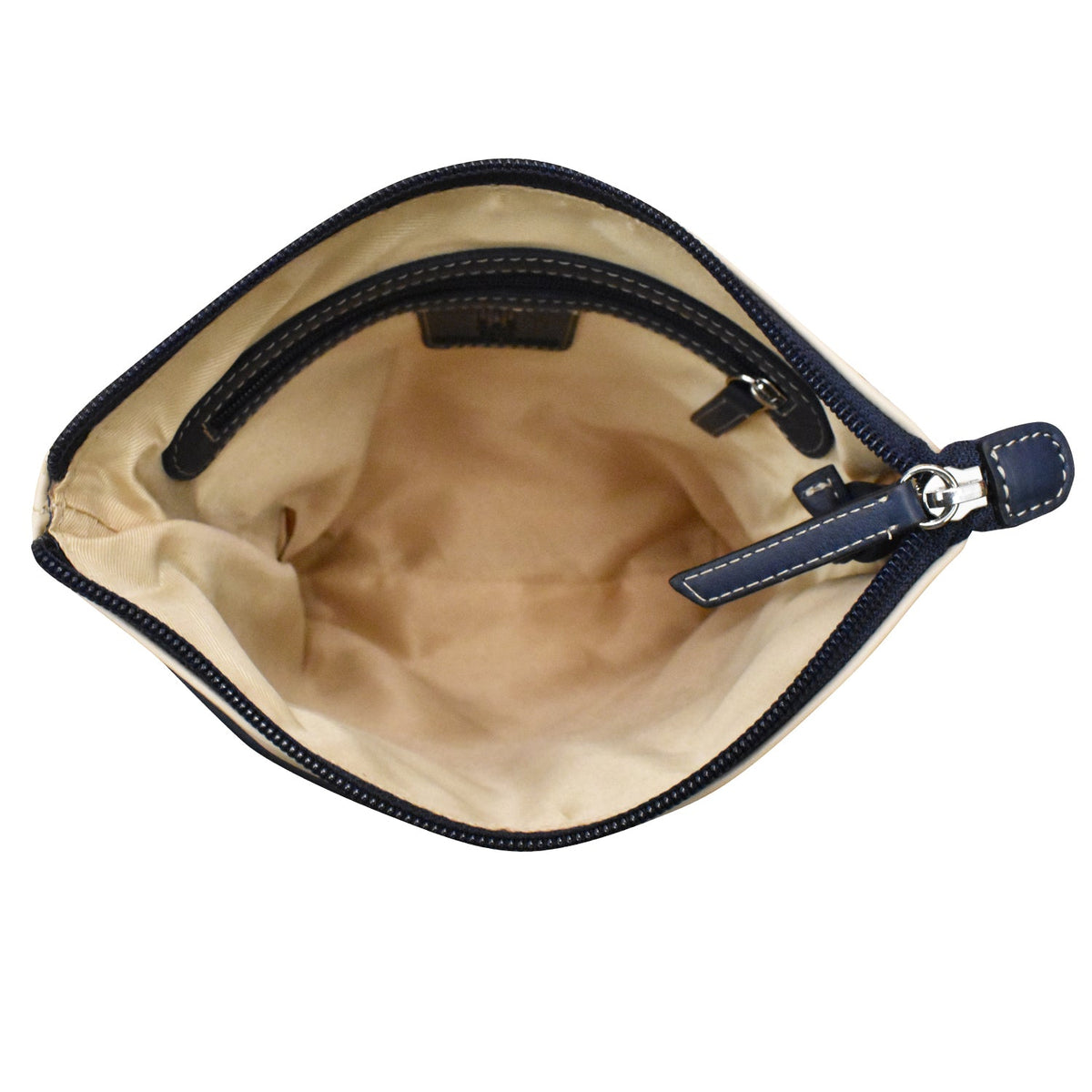 Open beige pouch with navy zipper on a white background