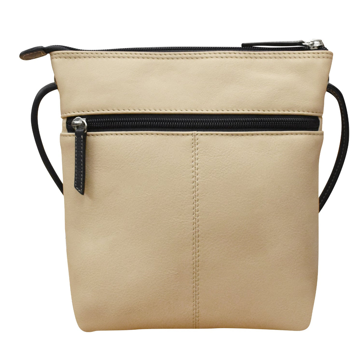 Beige handbag with black zipper and straps on a white background
