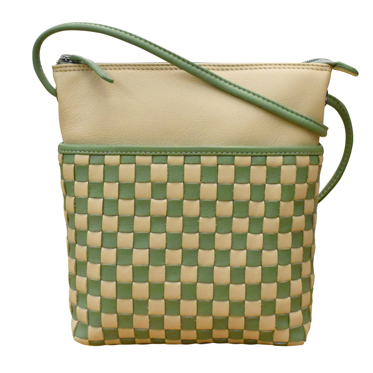 Green and beige woven handbag on a white background