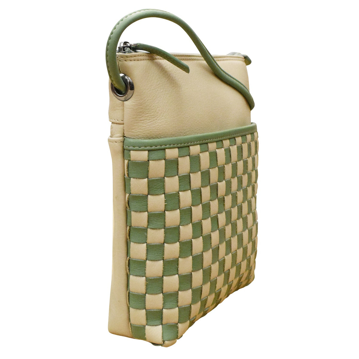 Handbag with beige and green checkered pattern on a white background