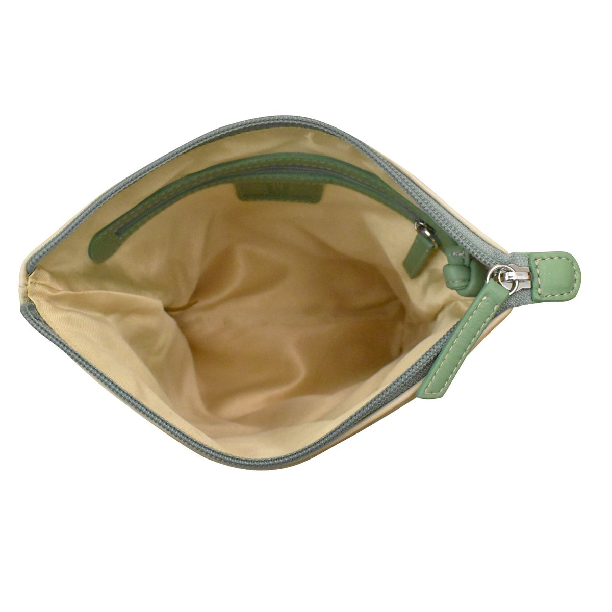 Green zipper pouch with beige interior on a white background