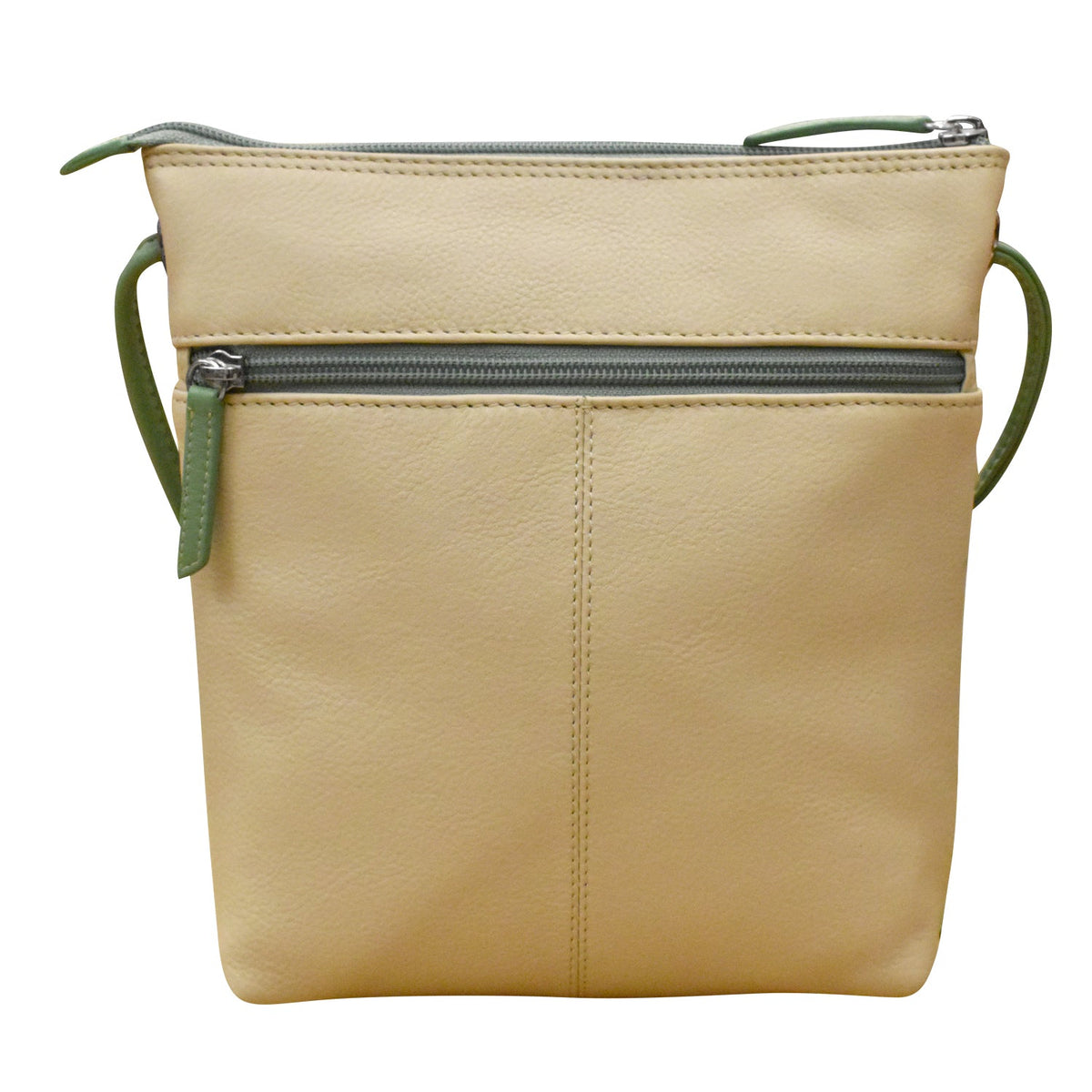 Beige handbag with green zippers on a white background