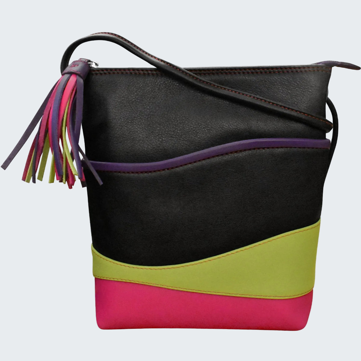 Multicolored handbag with tassel on a white background