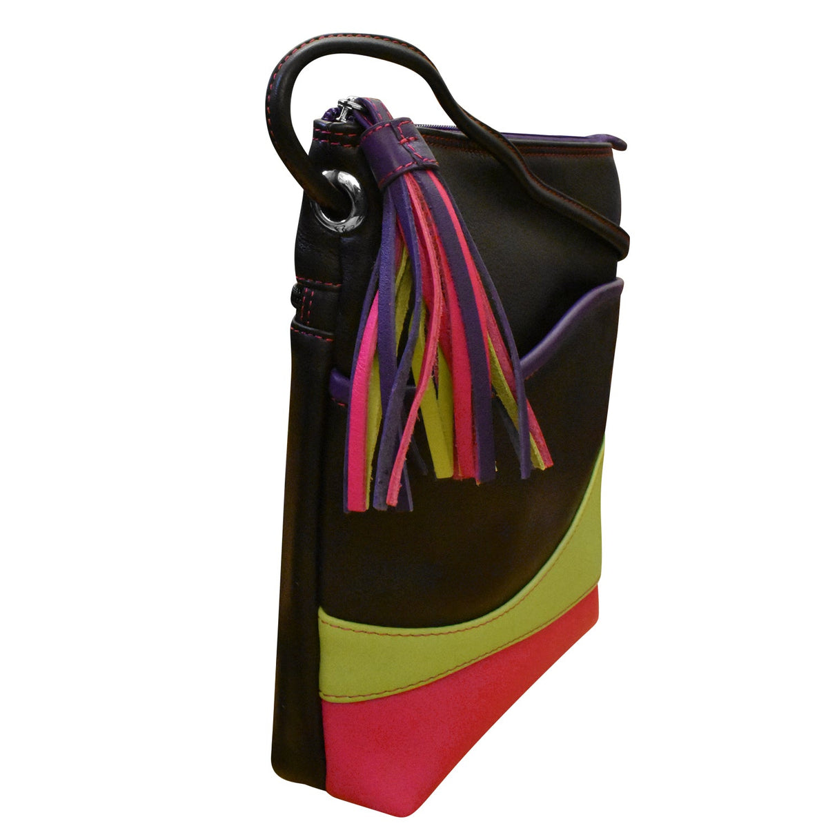 Multicolored handbag with colorful tassels on a white background