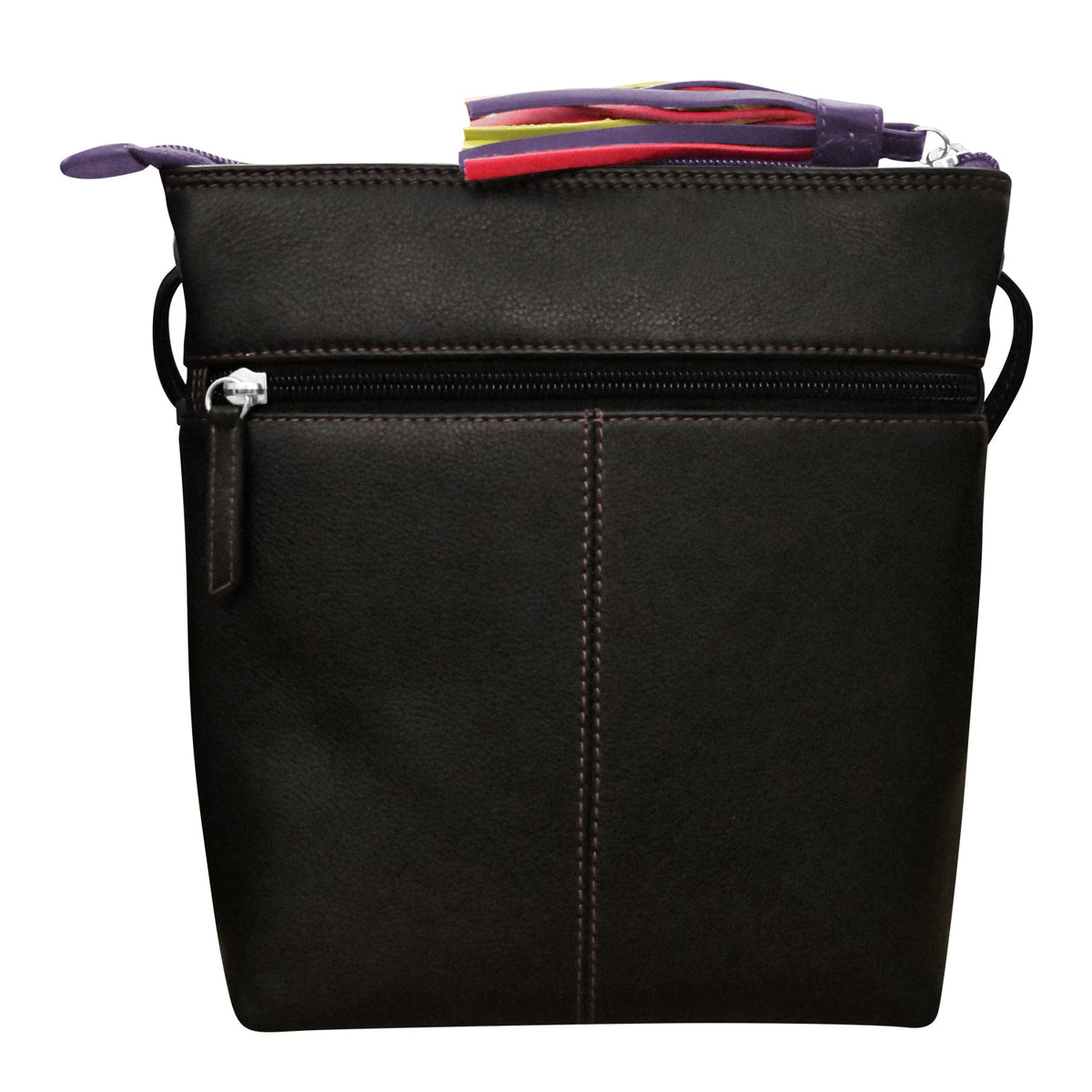Black leather crossbody bag with a colorful zipper pull on a white background