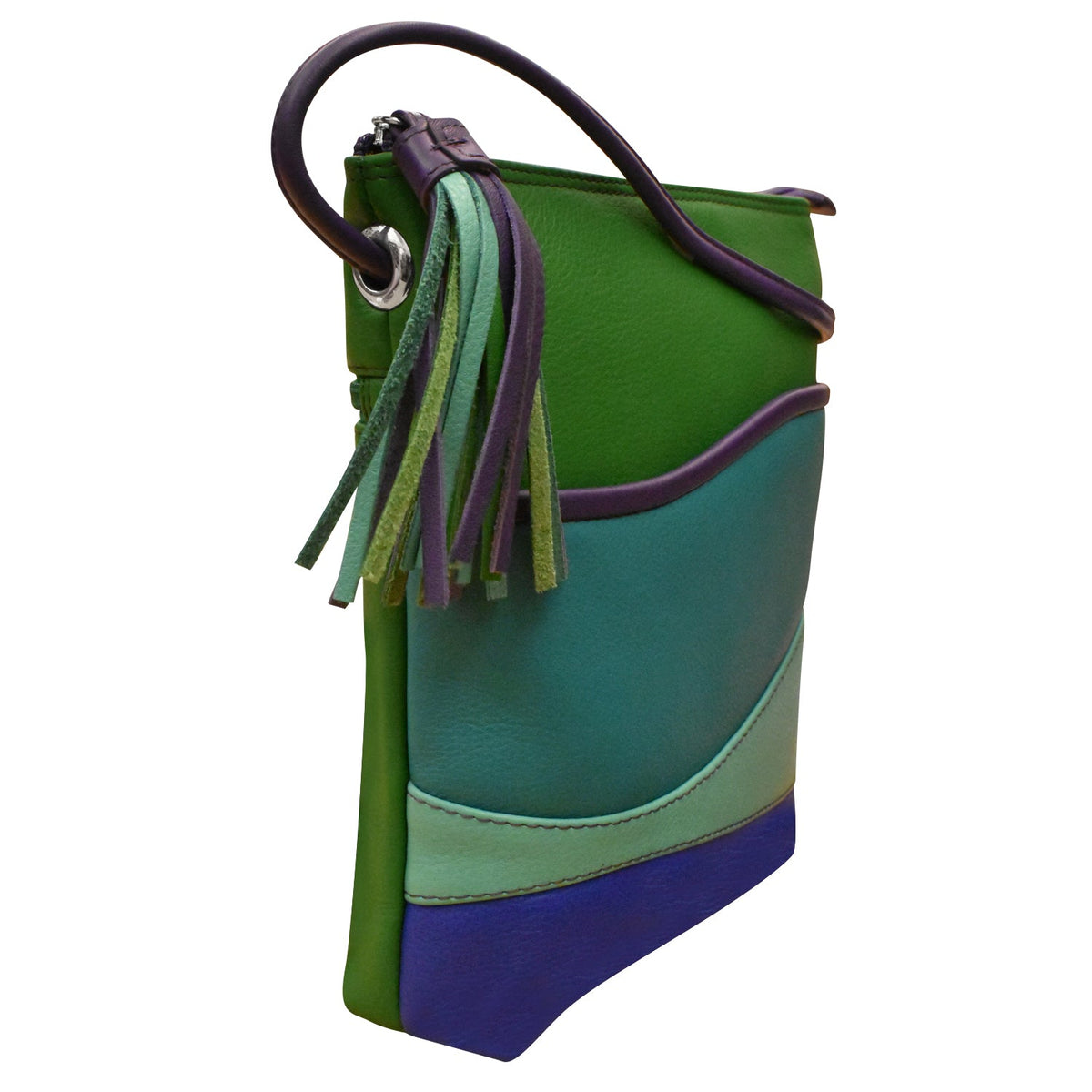 Green, blue, and purple handbag with tassel on a white background