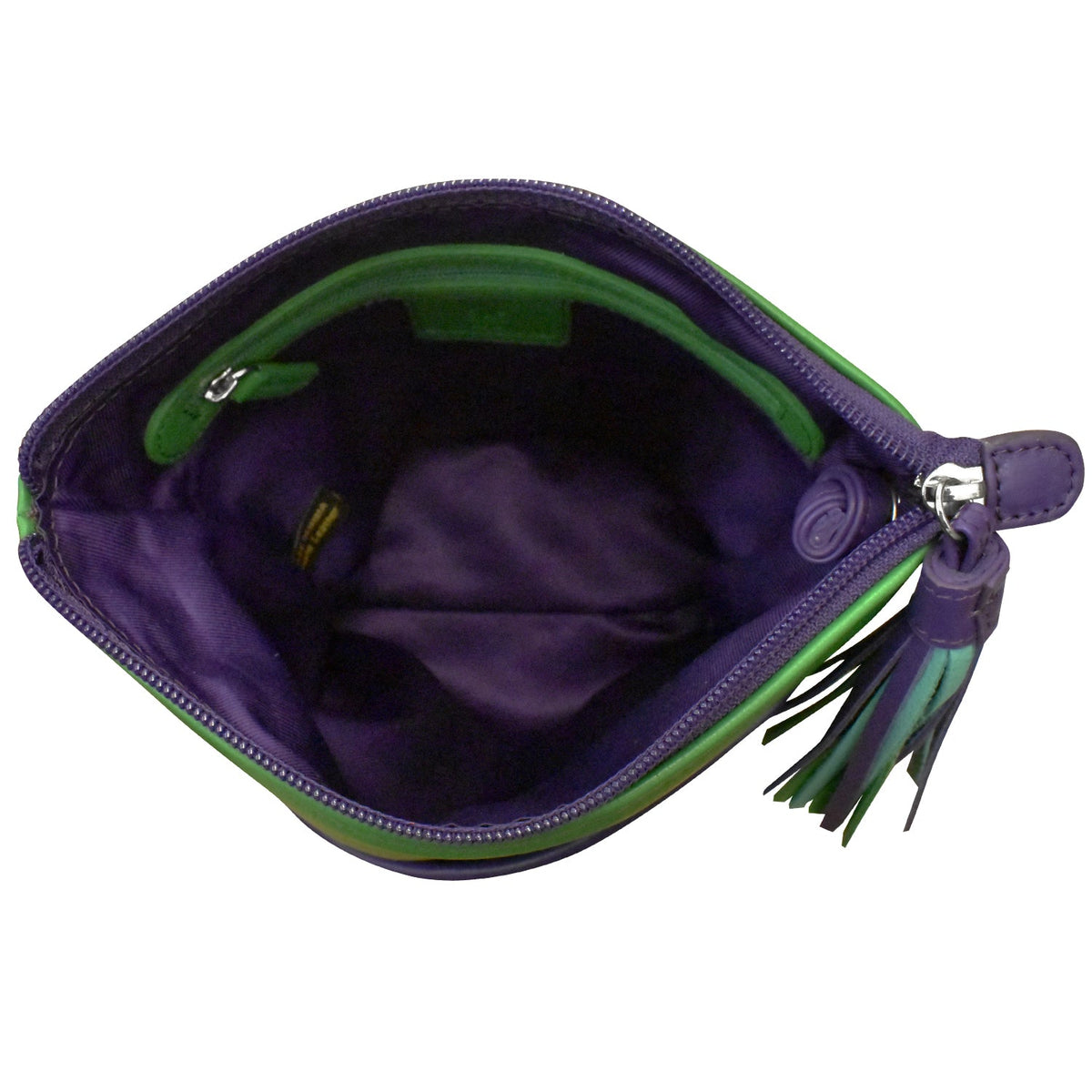 Purple and green pouch with tassel on a white background