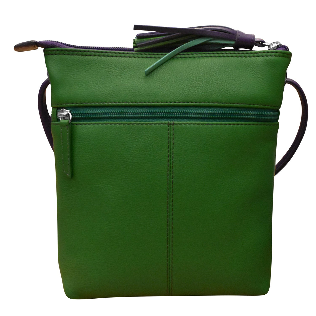 Green leather crossbody bag with a zipper on a white background