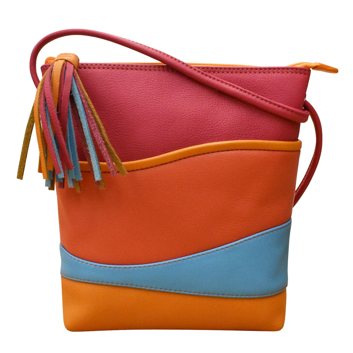 Colorful handbag with tassels on a white background