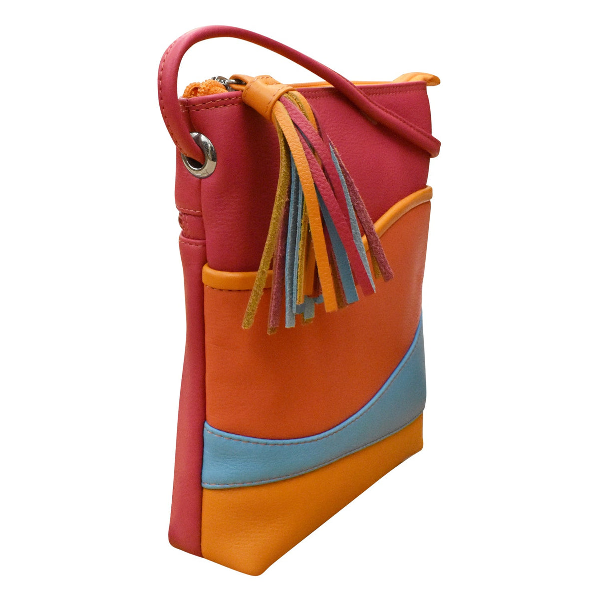 Colorful handbag with tassel detail on a white background