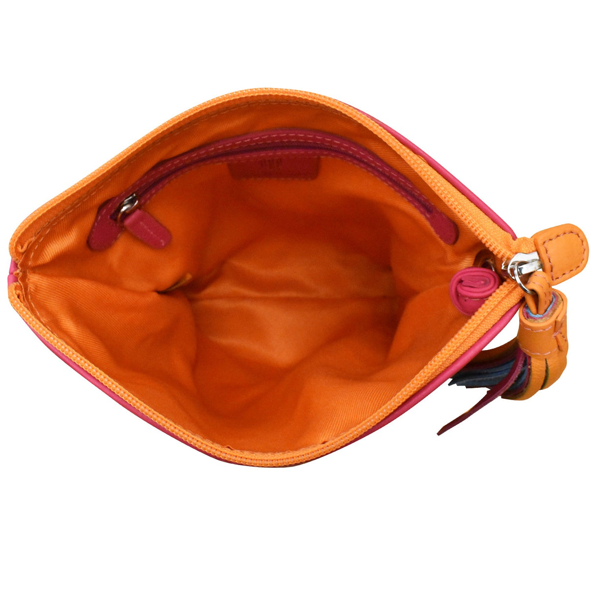 Open orange pouch with a strap on a white background