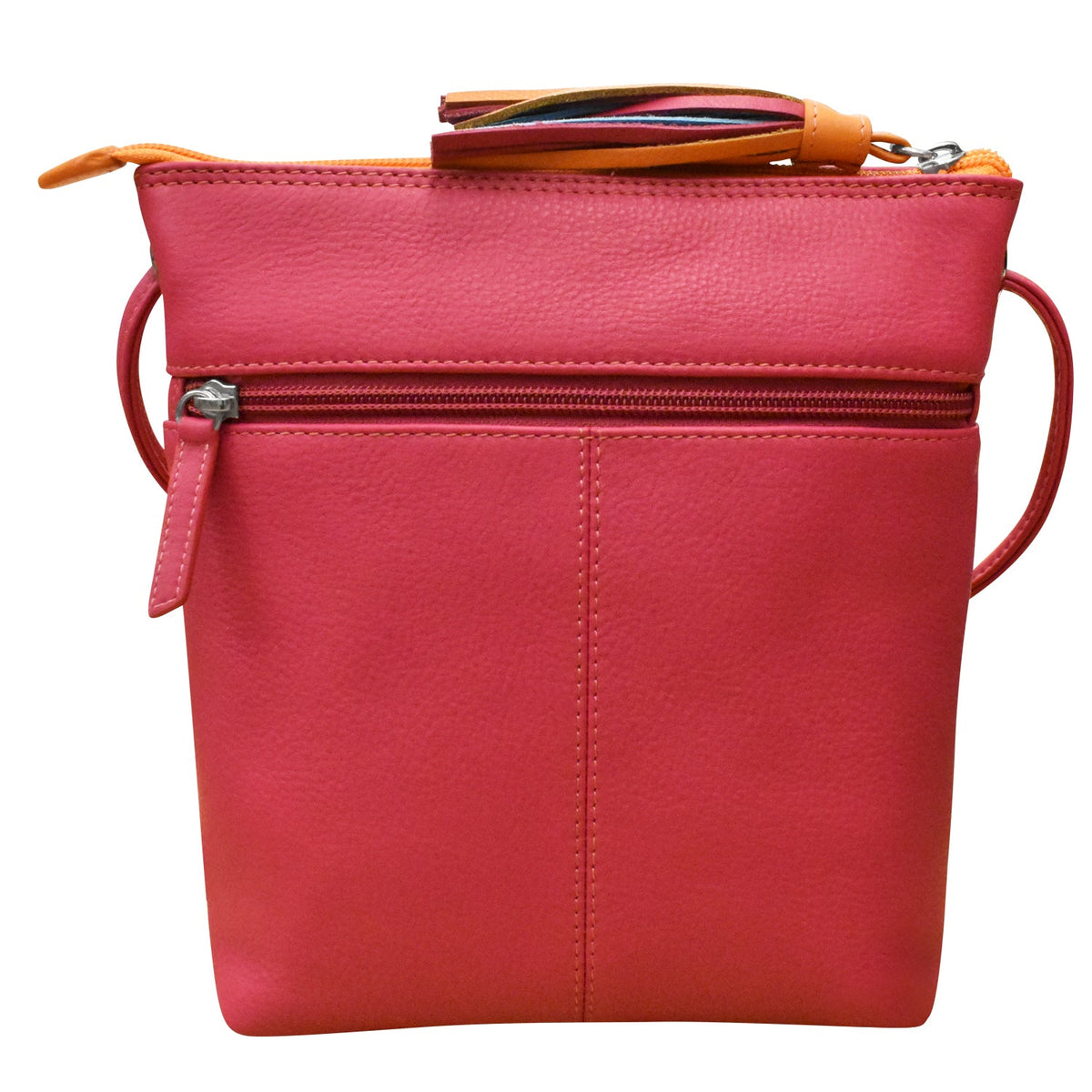 Pink handbag with a visible zipper on a white background