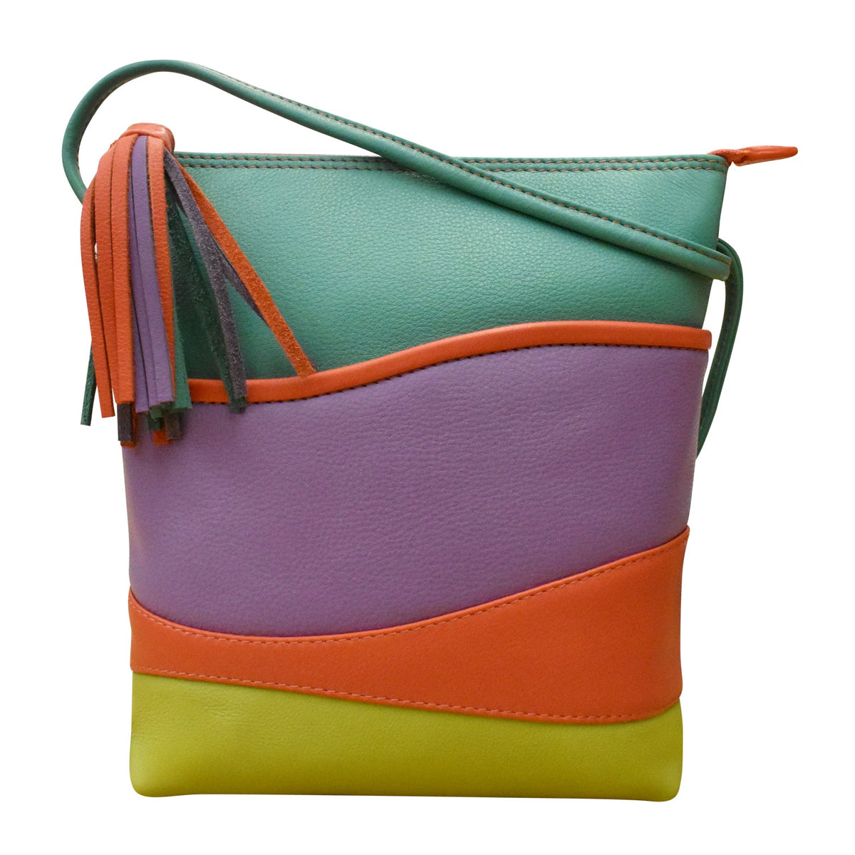 Colorful handbag with a green top section, purple middle section, orange bottom section, and multicolored tassel on a white background.