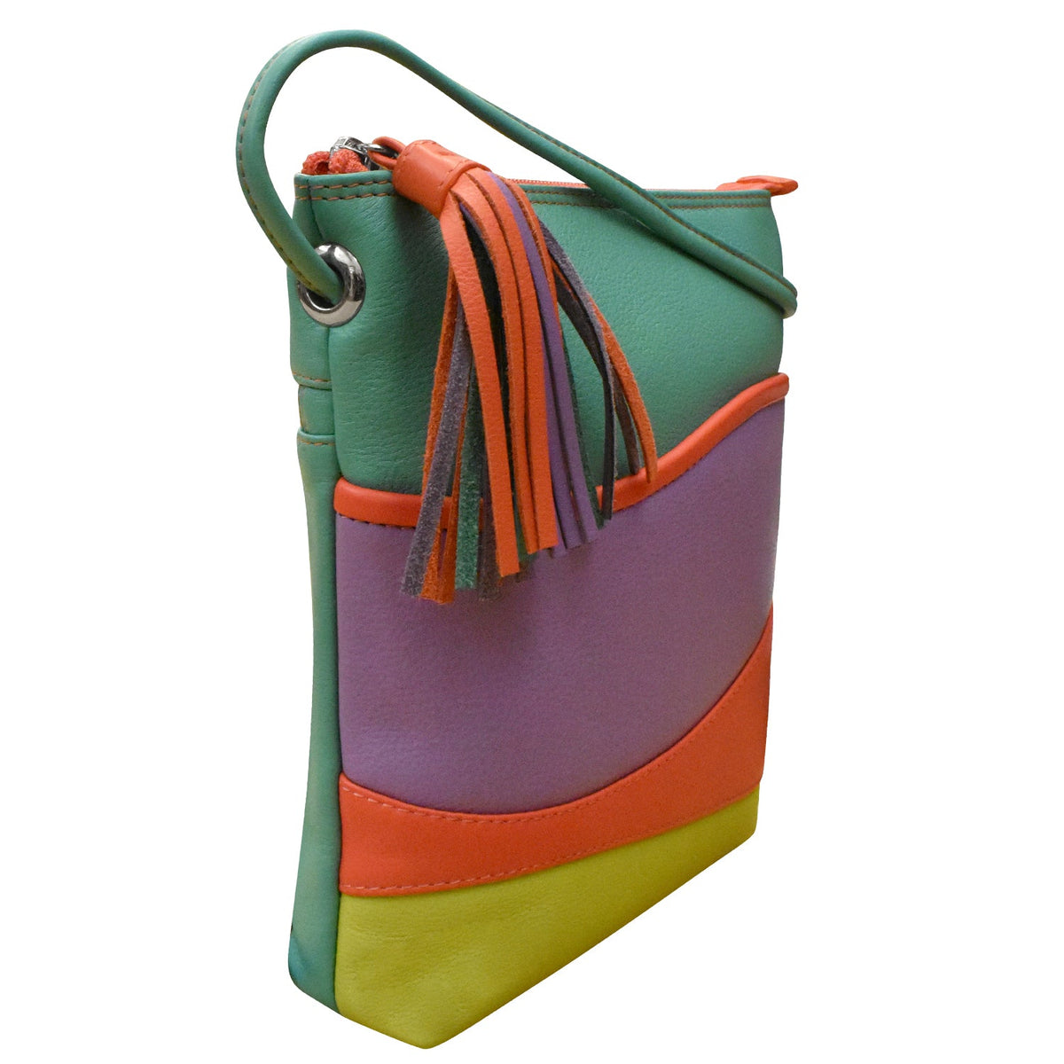 Multicolored handbag with tassels on a white background