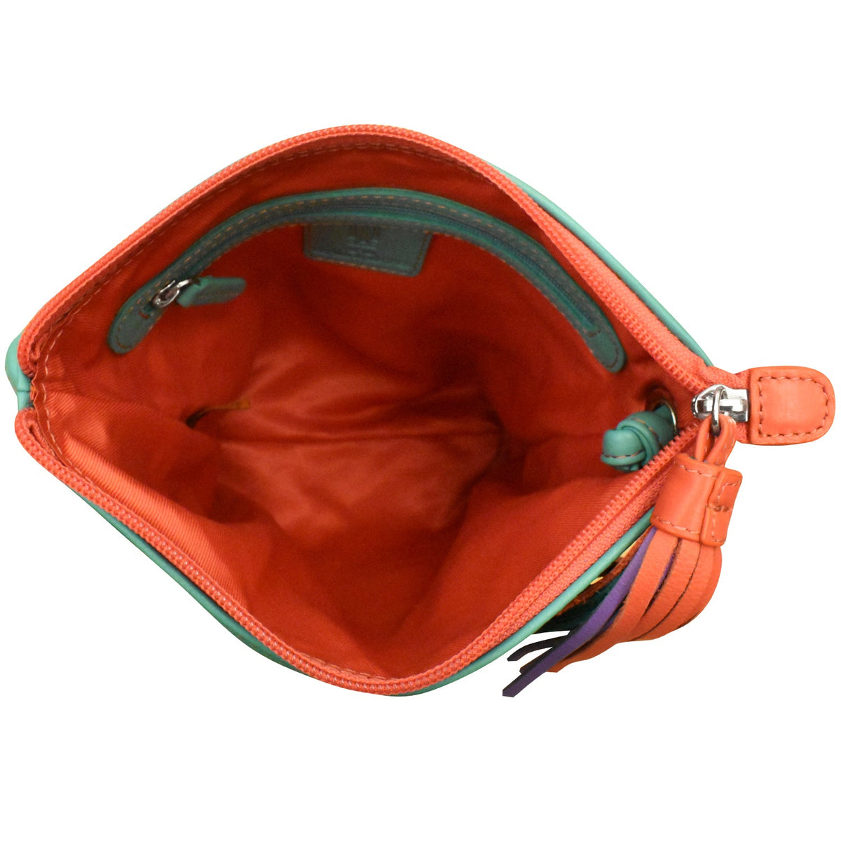 Open orange pouch with green interior on a white background