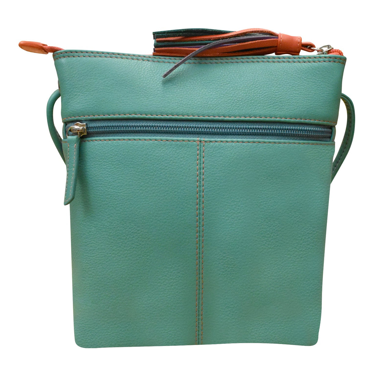 Teal handbag with a zipper on a white background