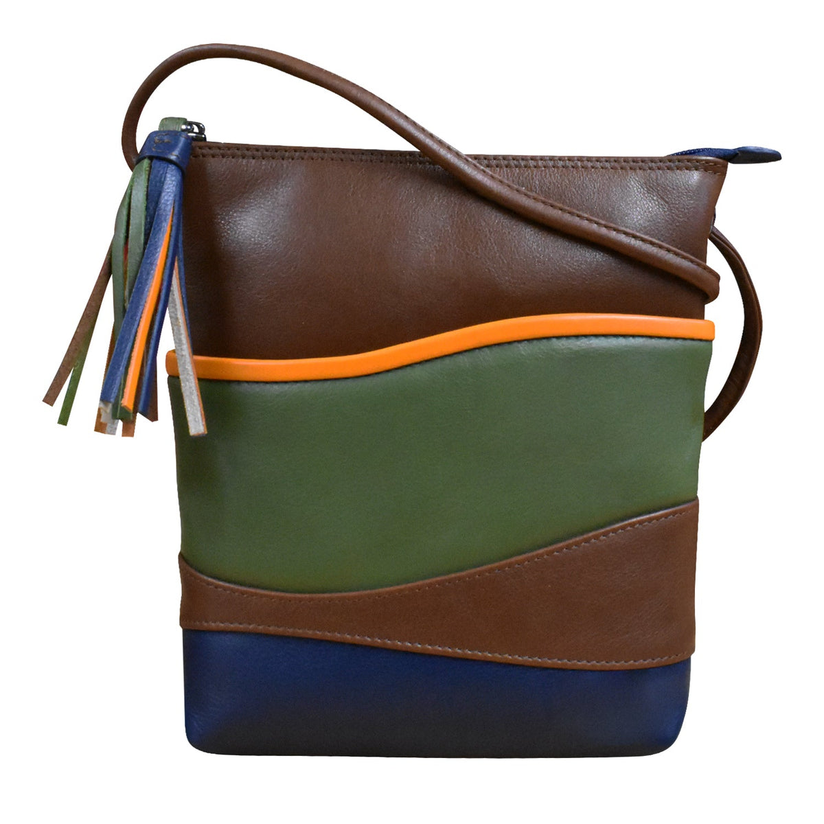 Multicolored leather handbag with tassels on a white background