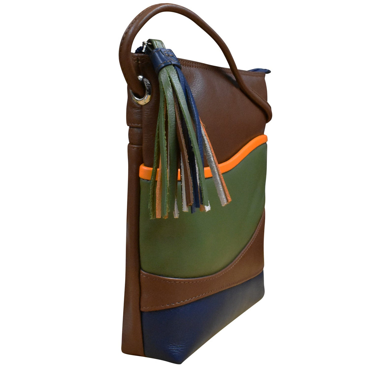 Multicolored handbag with tassel detail on a white background