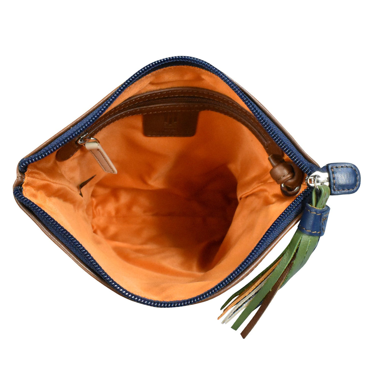 Open leather pouch with blue zipper and green drawstring on a white background