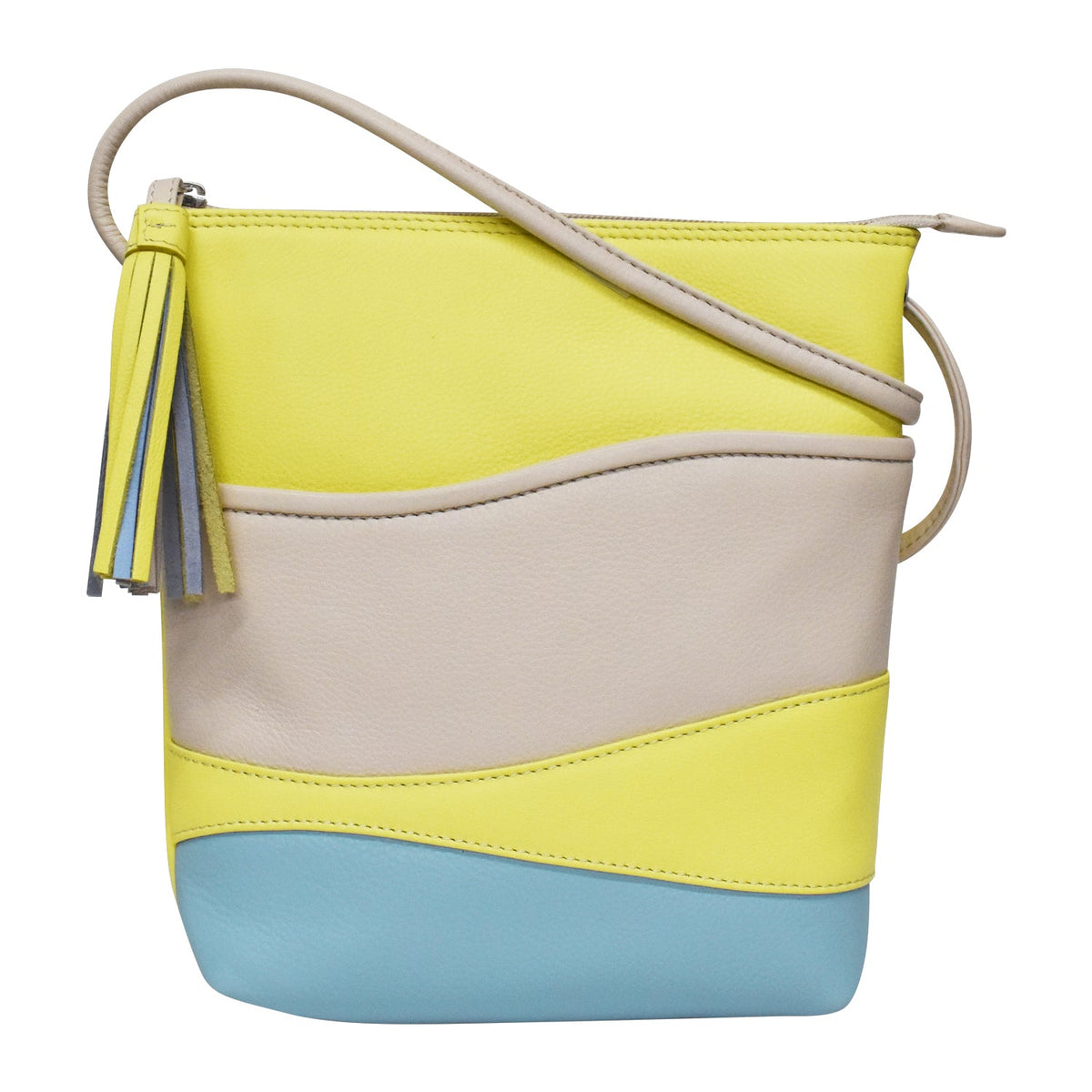 Color-blocked handbag with yellow, beige, and blue sections on a white background