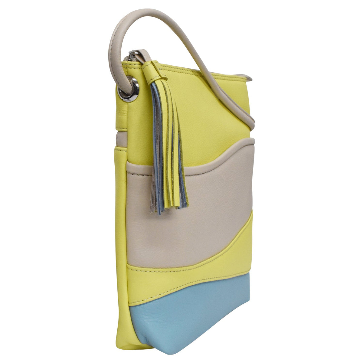 Yellow, beige, and blue handbag with a tassel on a white background