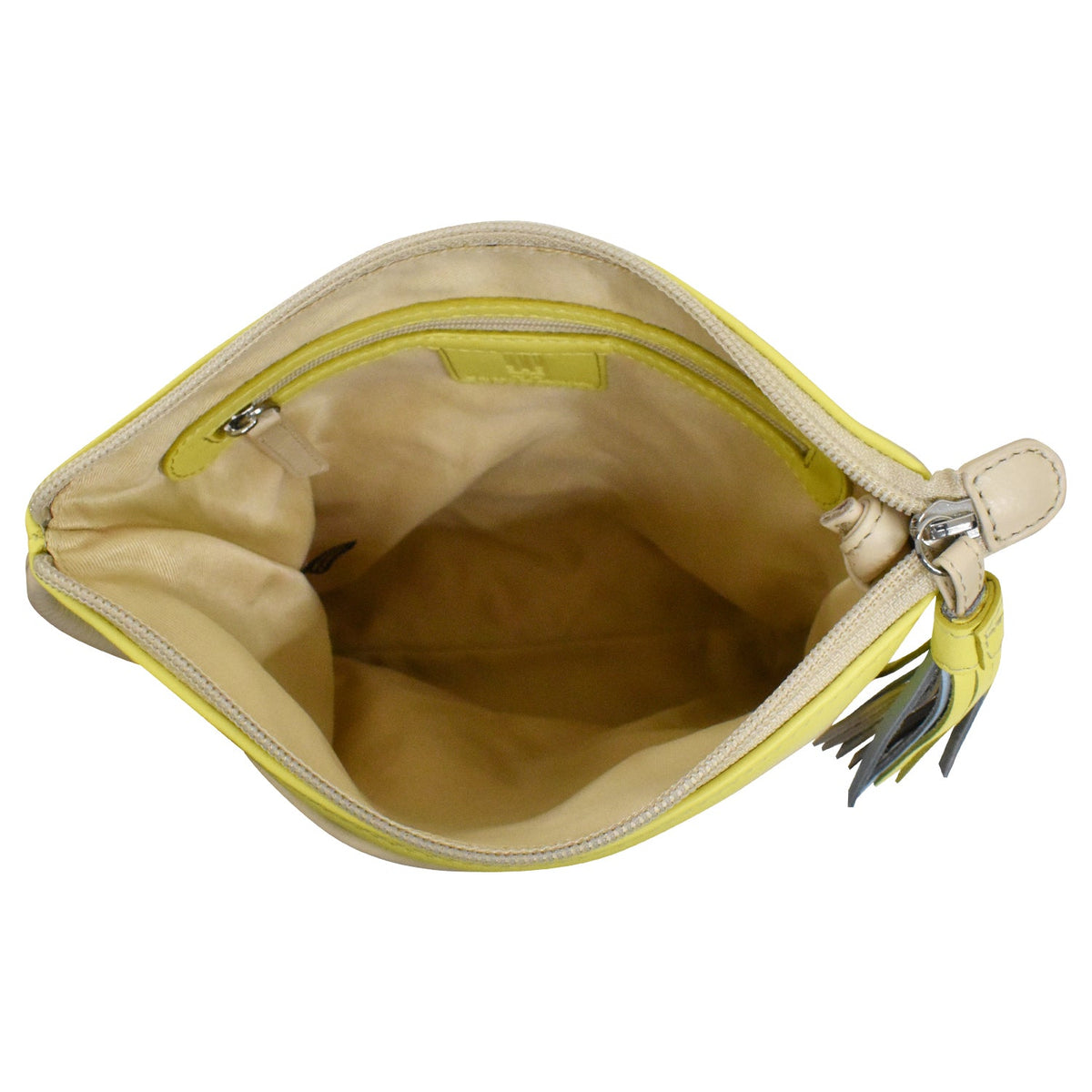 Beige handbag with a yellow interior on a white background