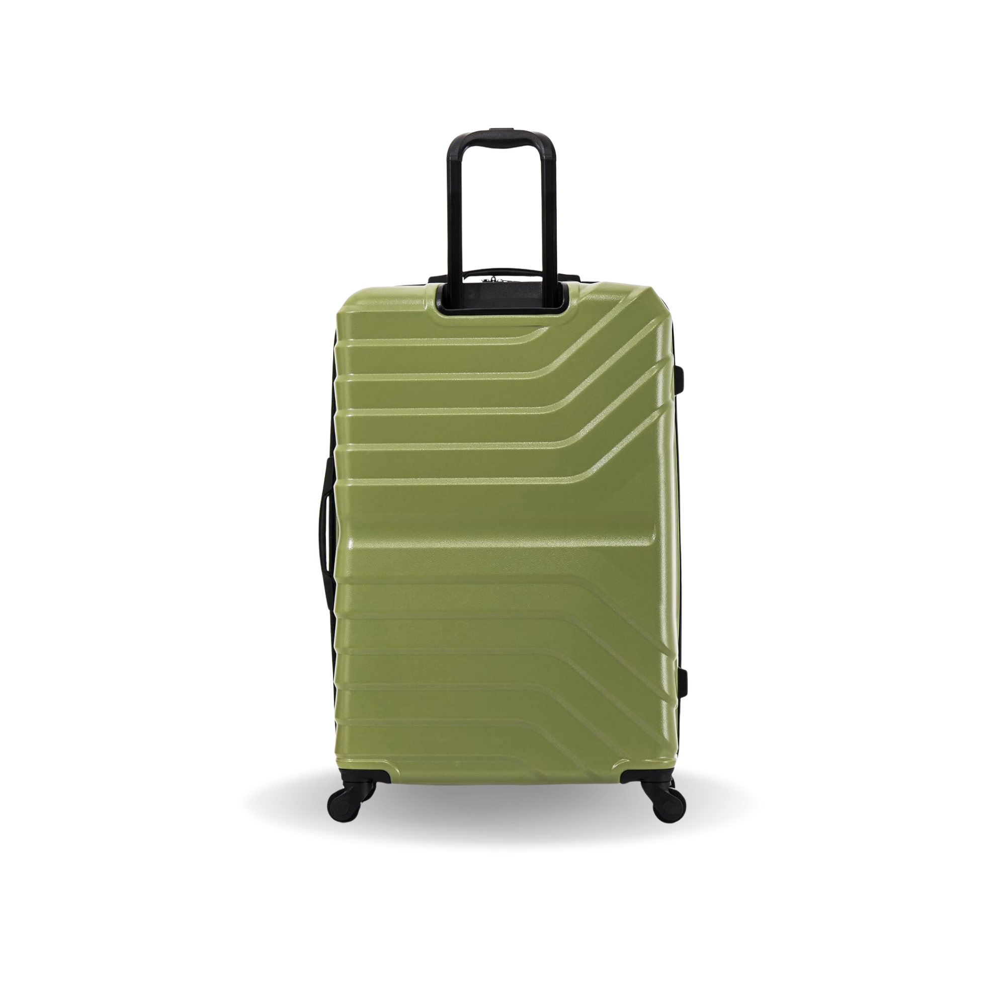 Green suitcase with a black handle on a white background