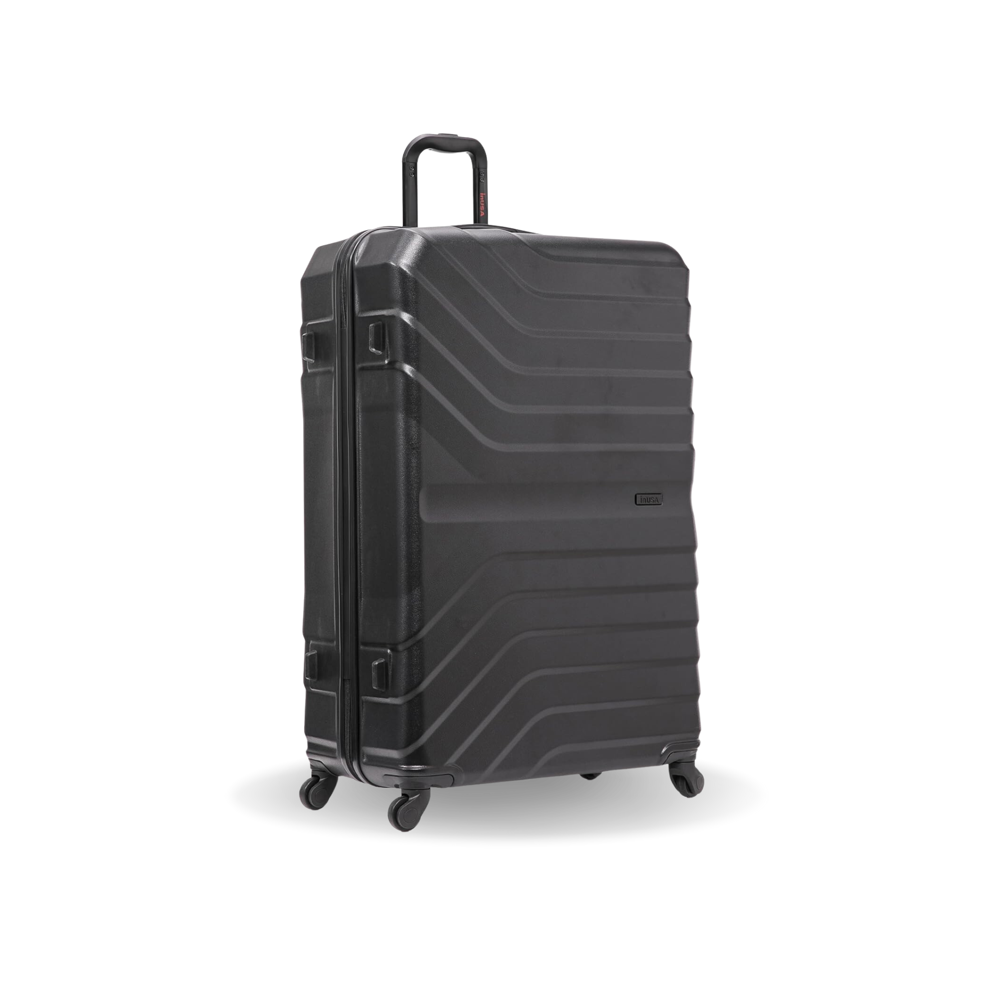 Black suitcase with a textured surface on a white background