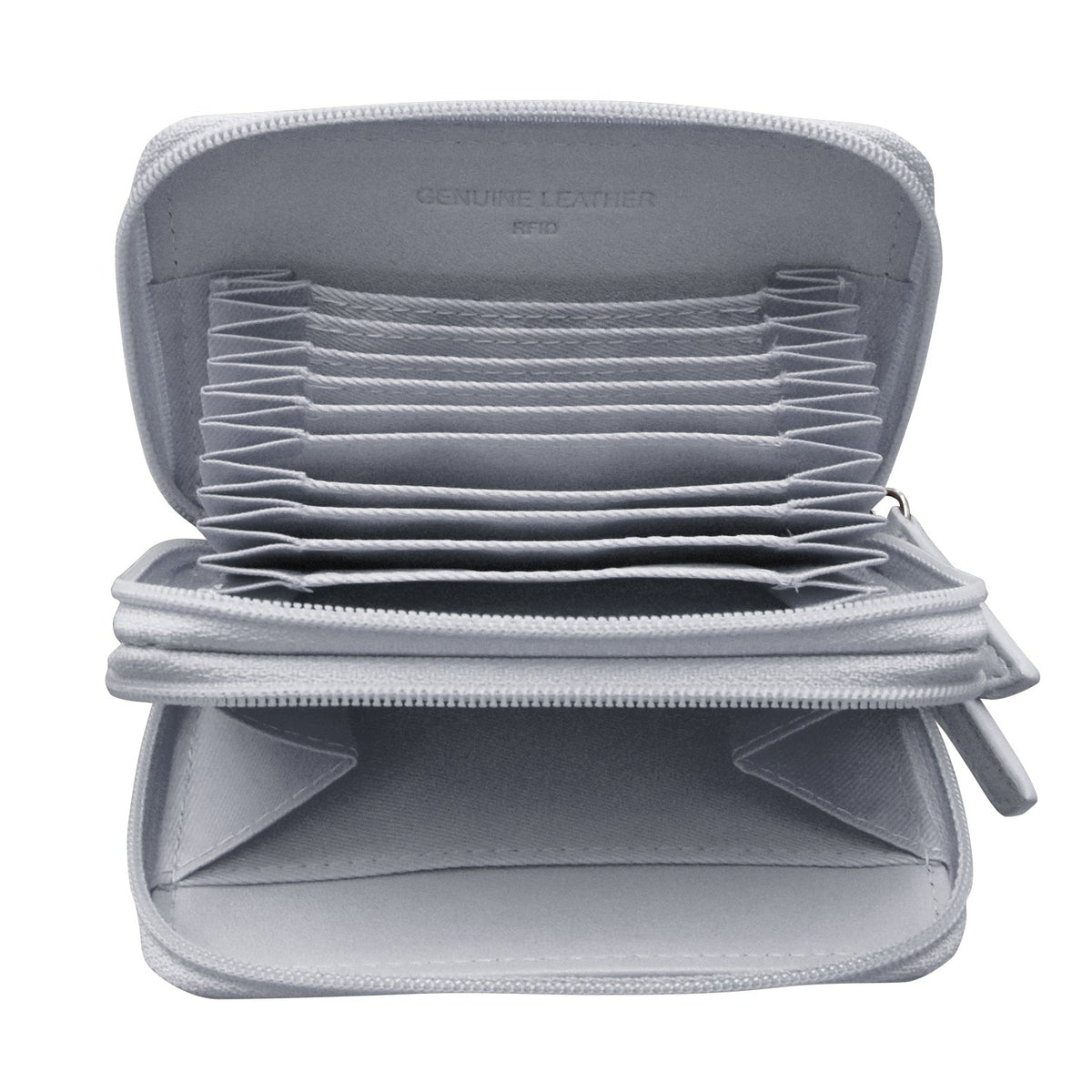 Gray leather wallet with multiple card slots on a white background