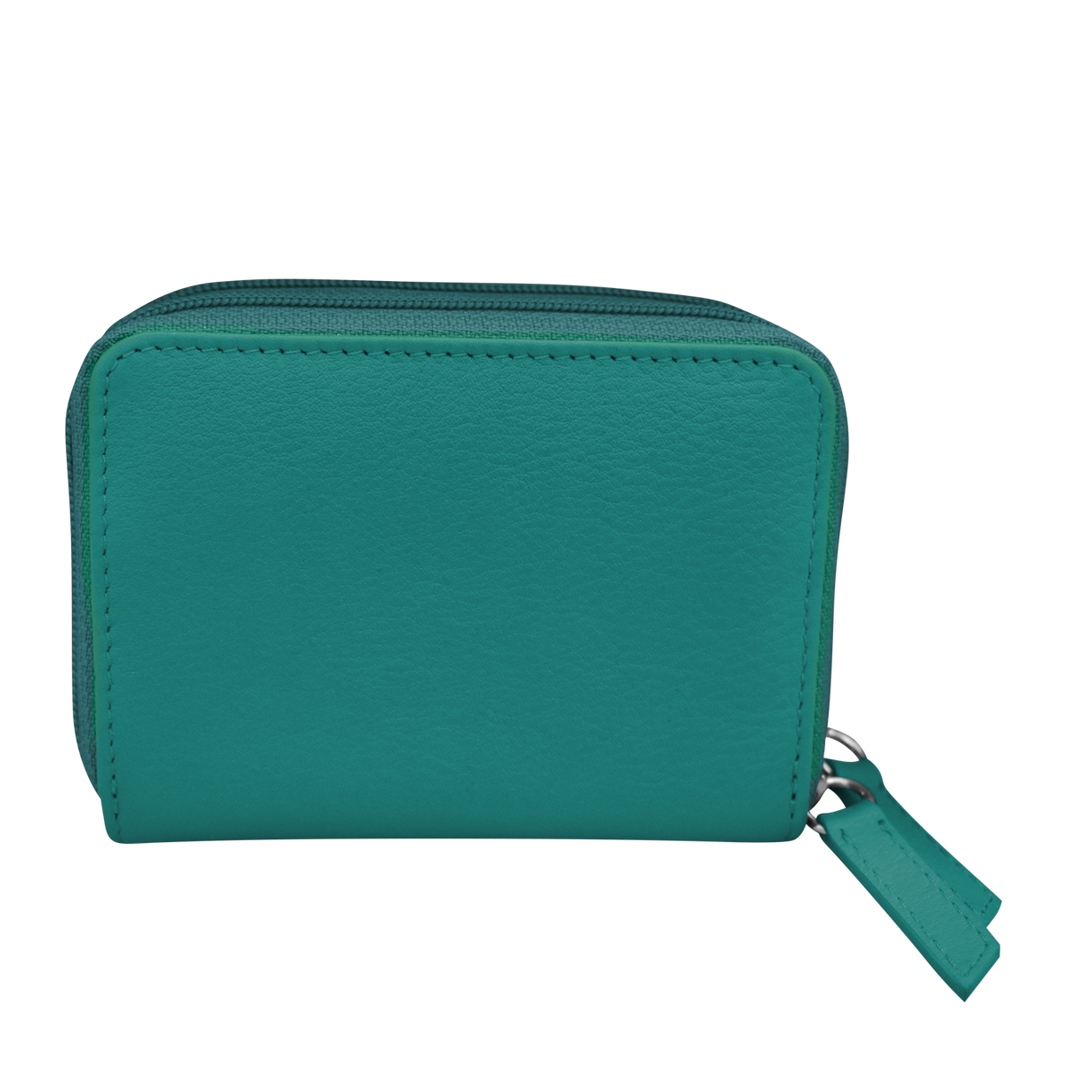 Teal leather wallet with a zipper on a white background