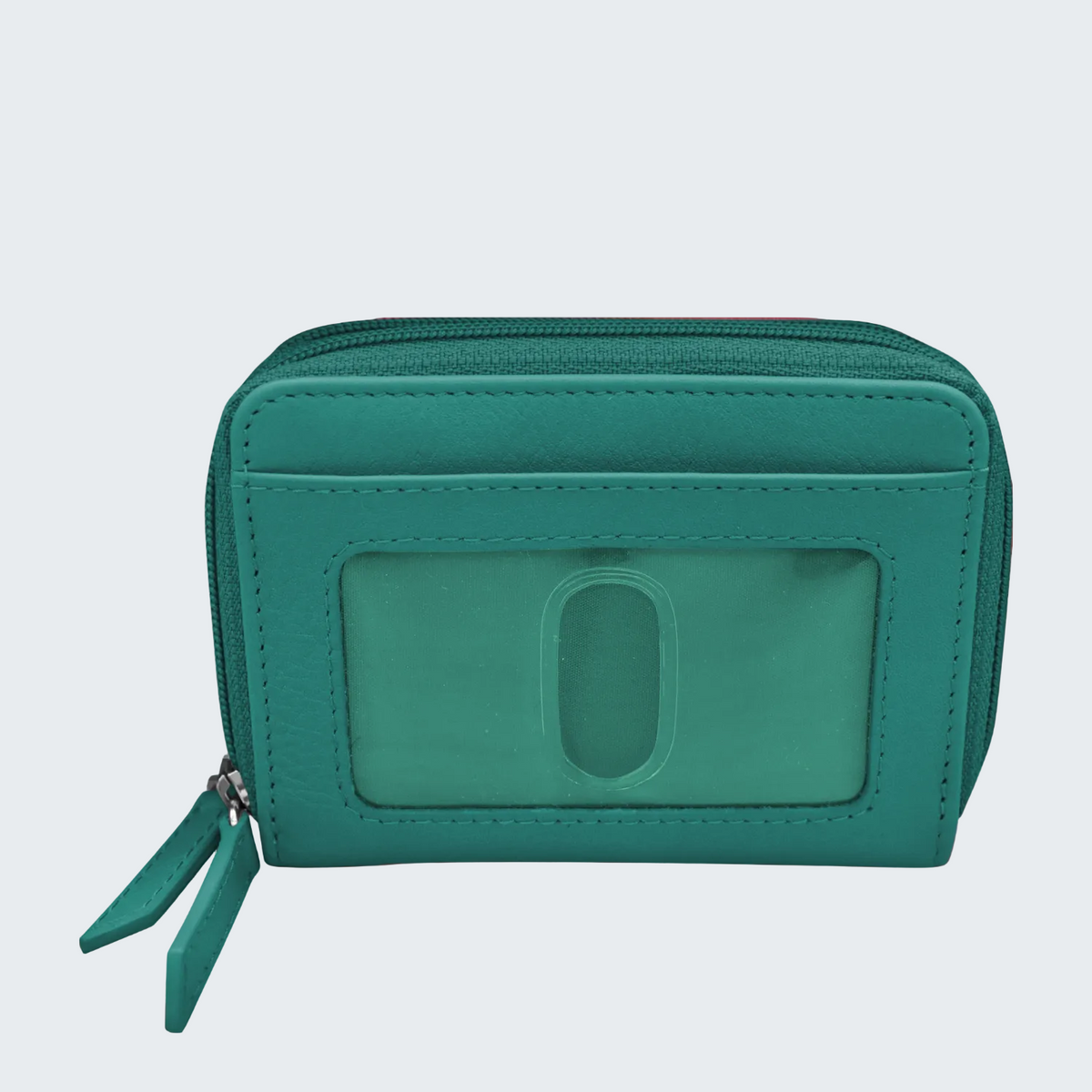 Teal wallet with a prominent 'O' on a white background