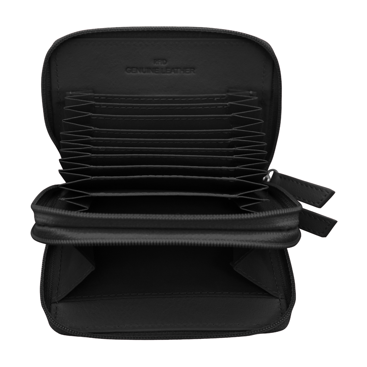 Black travel case with multiple compartments on a white background