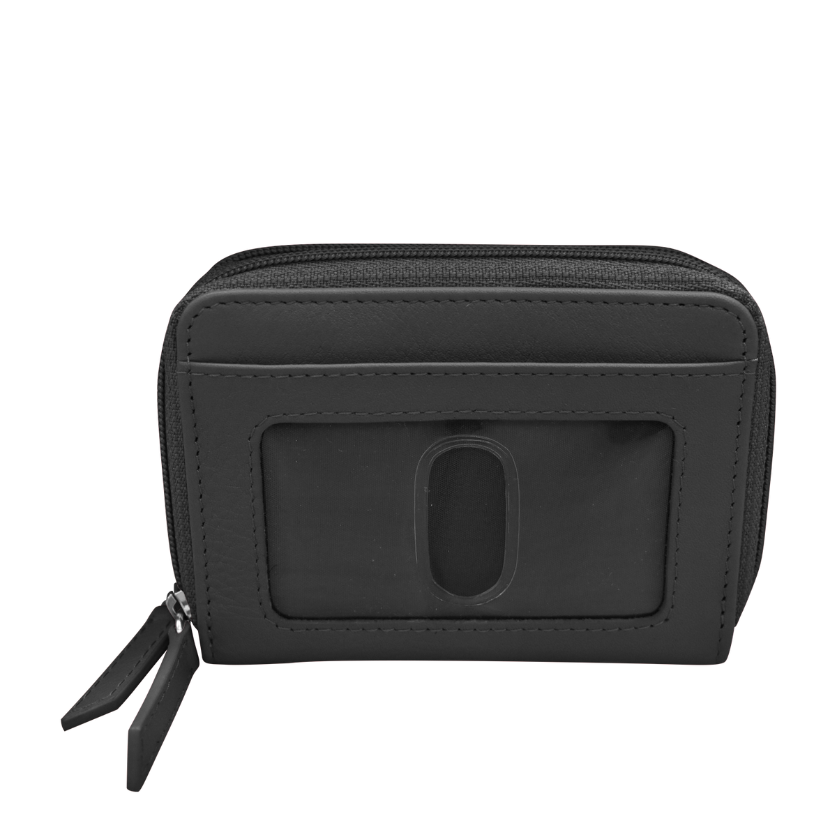Black leather wallet with a prominent 'O' on a white background