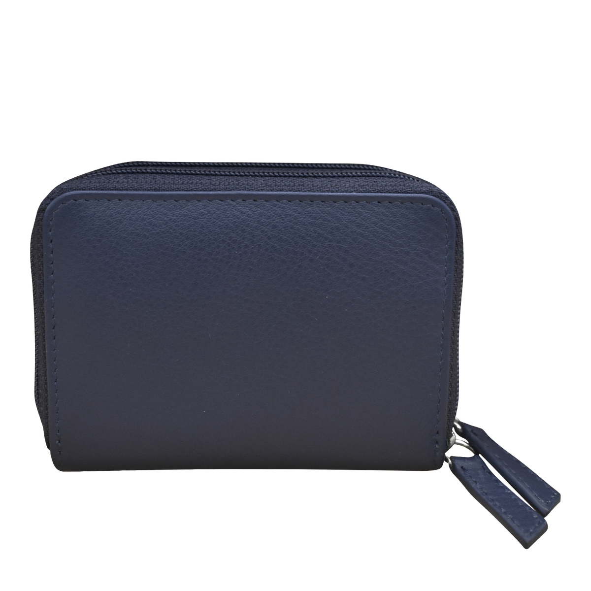 Navy blue wallet with a zipper on a white background