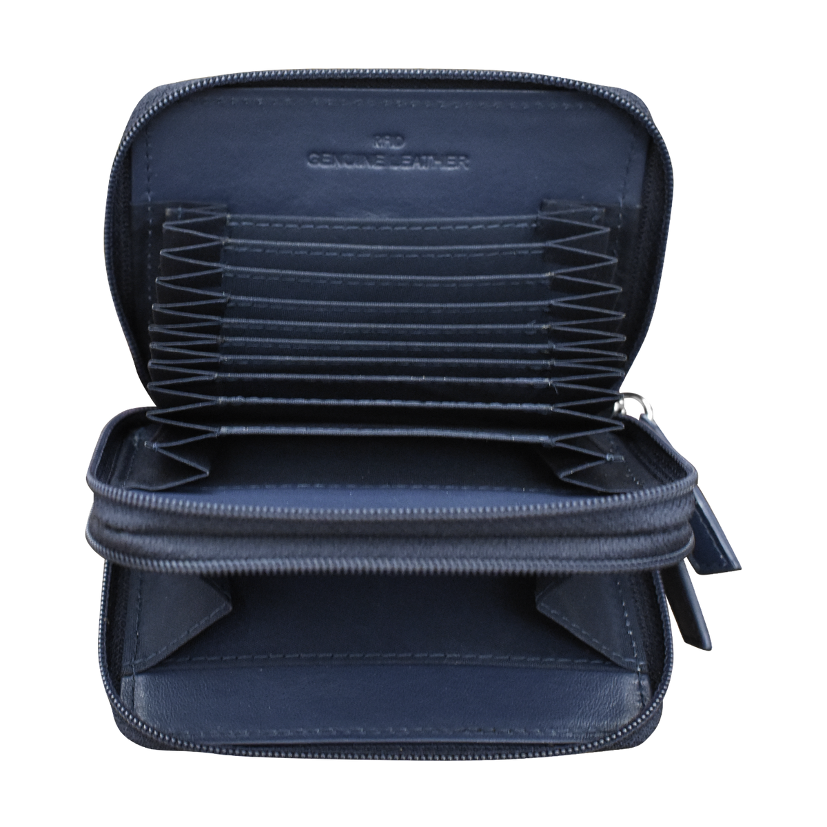 Navy blue jewelry case with multiple compartments on a white background