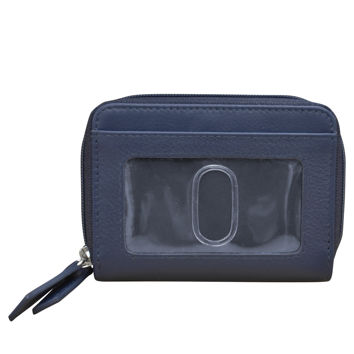 Navy blue wallet with a clear card holder on a white background