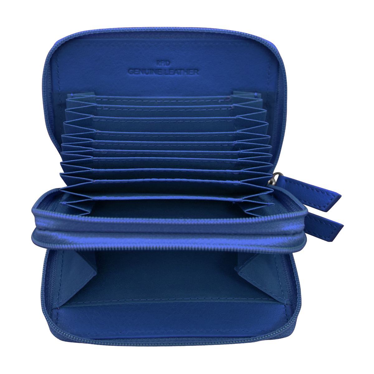 Blue card holder with multiple slots on a white background