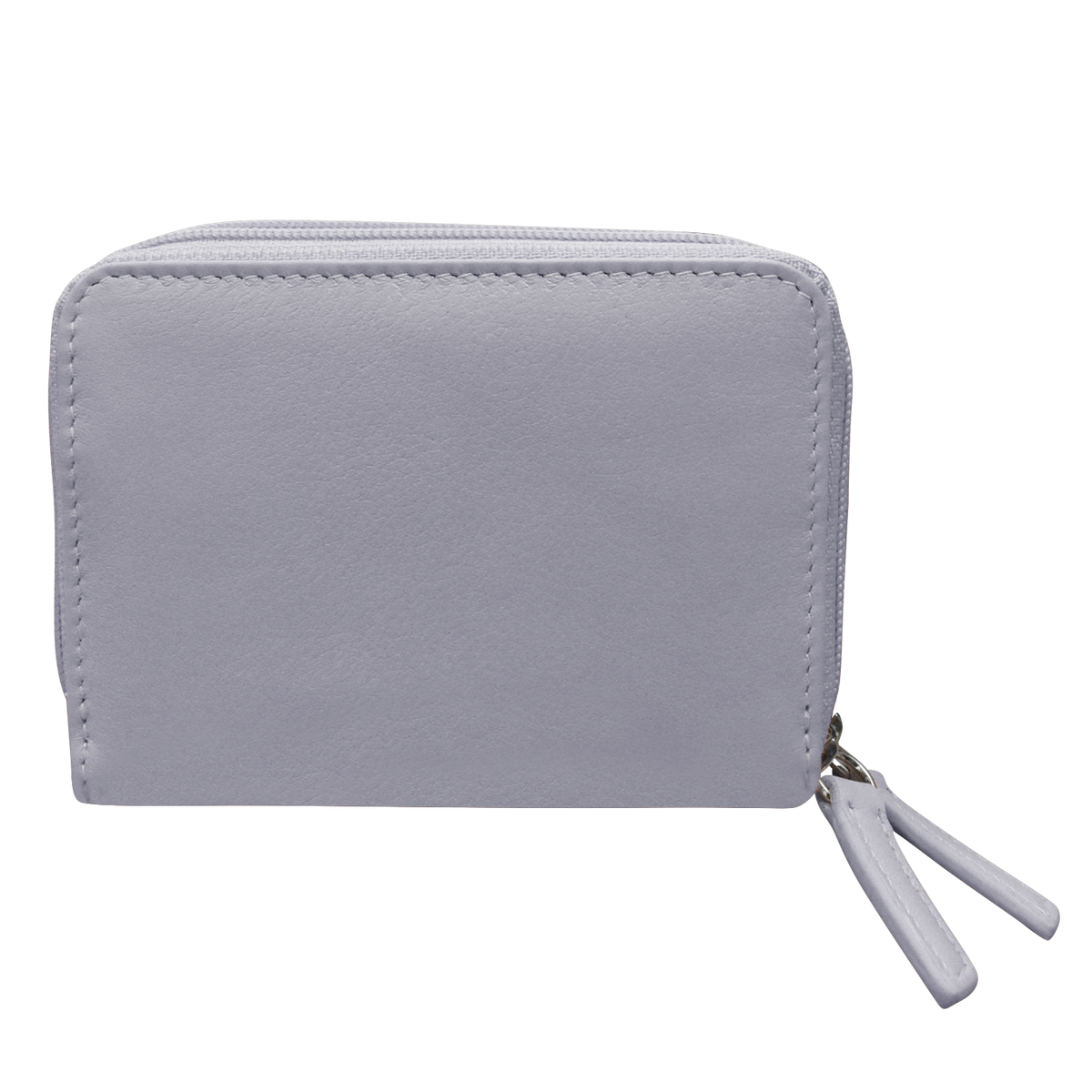 Gray wallet with a white zipper on a white background