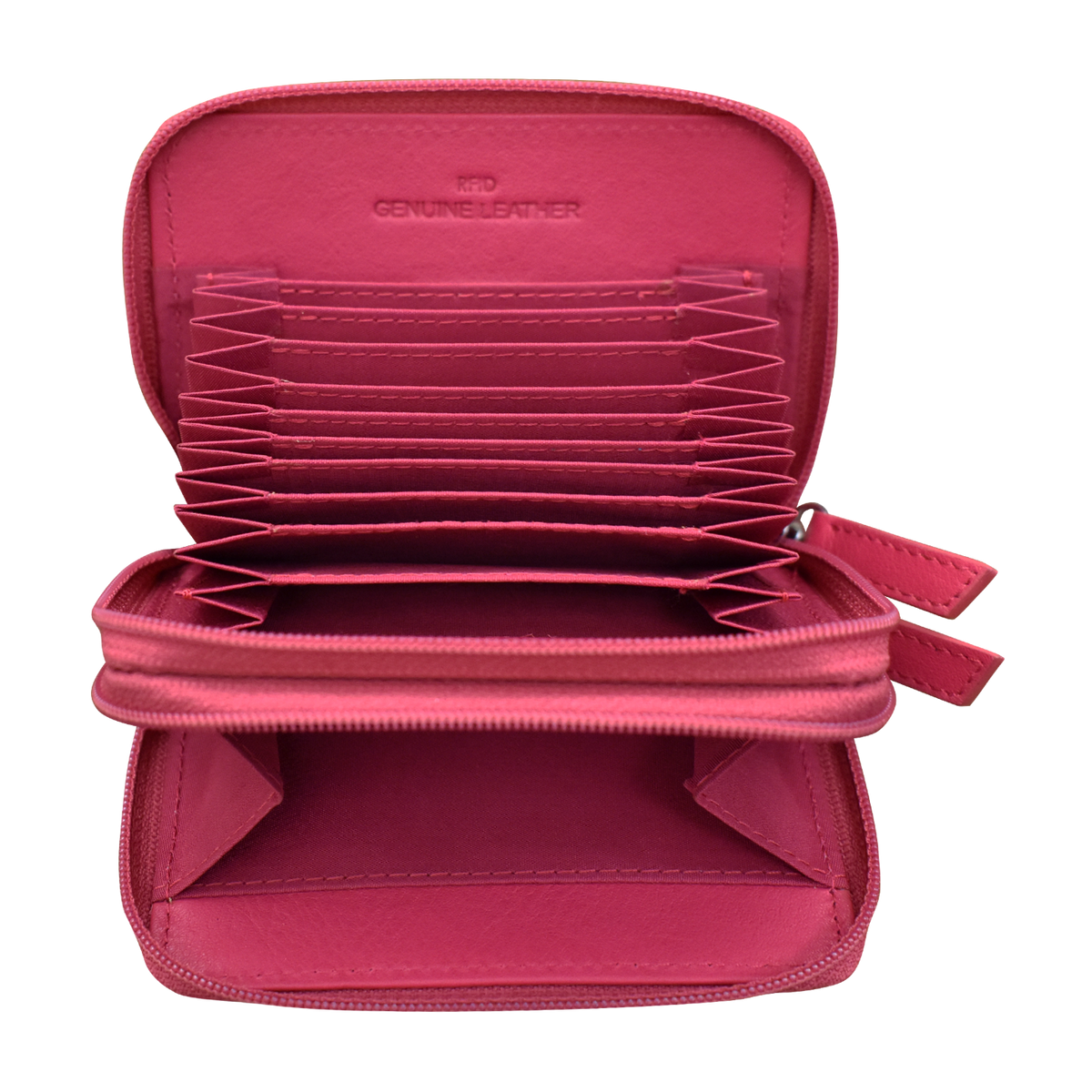 Pink wallet with multiple card slots on a white background