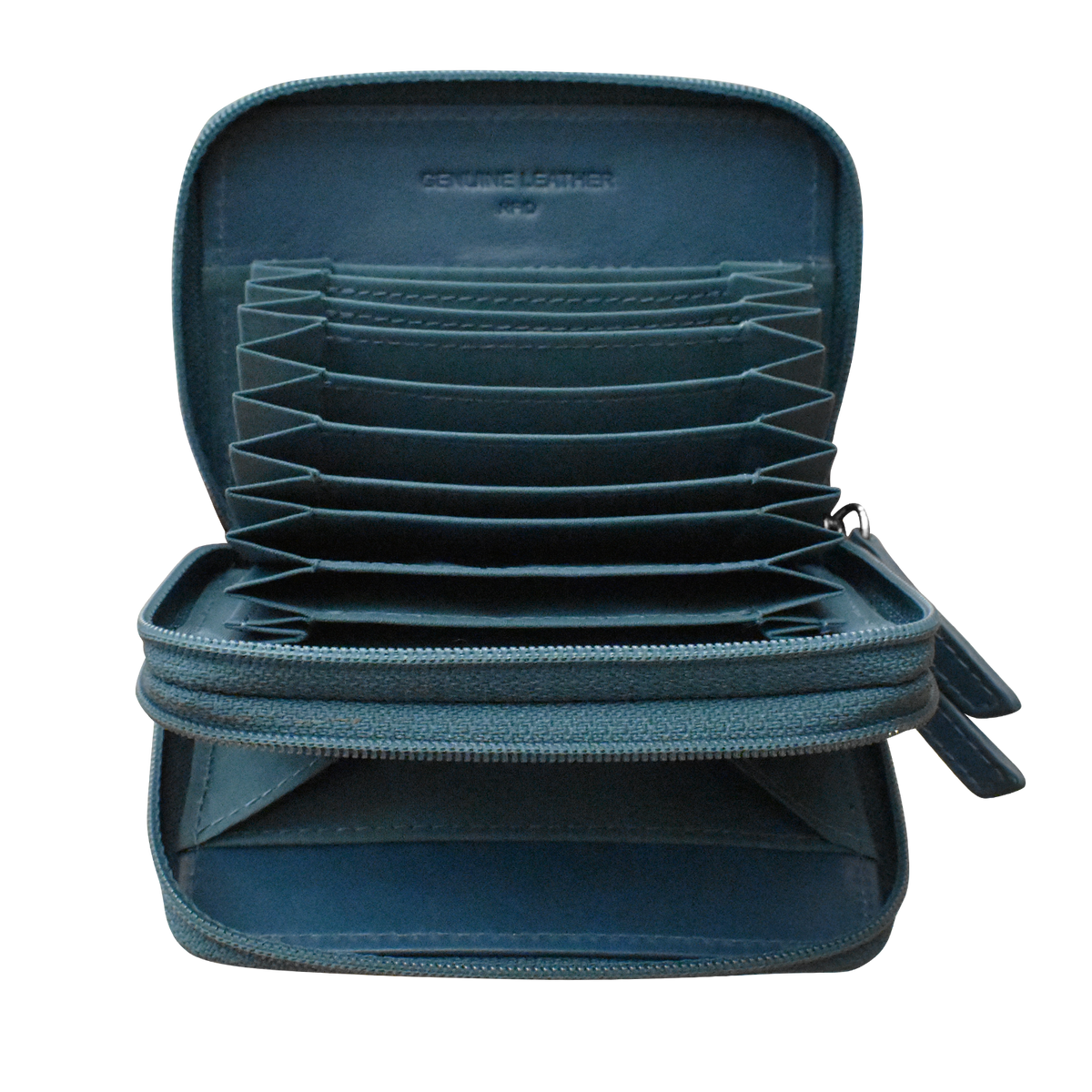 Blue jewelry case with multiple compartments on a white background