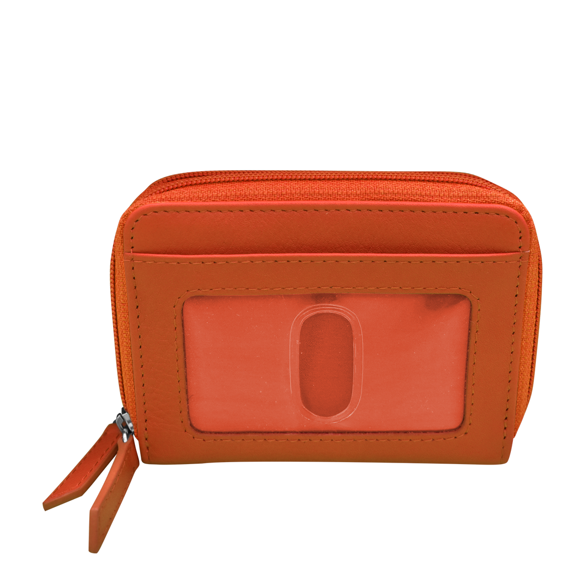 Orange wallet with a clear card holder on a white background