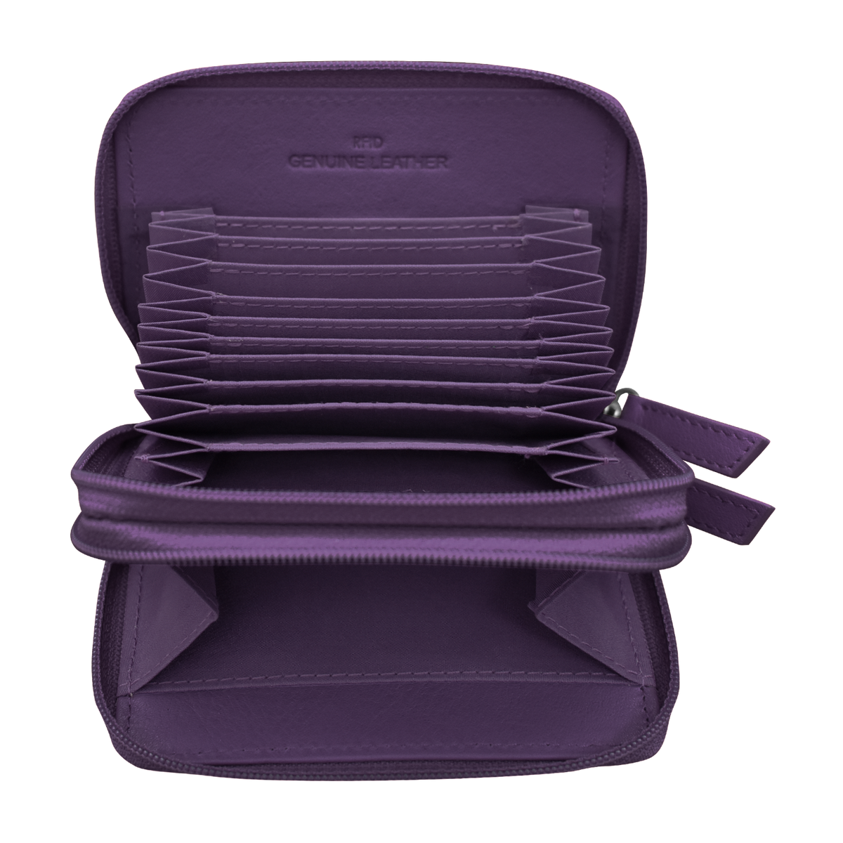 Purple cardholder with multiple slots on a white background